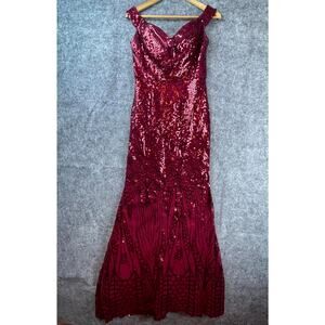 Miss Ord Formal Dress Womens Large Red Sequin Sparkle Evening Gown Mermaid Gala